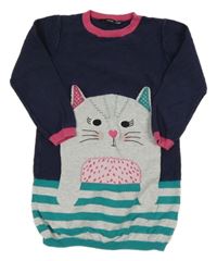 Tmavomodro-modrozeleno-světlešedo-tmavorůžové pletené šaty s kočičkou George