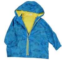 Modrá šusťáková jarní bunda s auty a kapucí miniclub