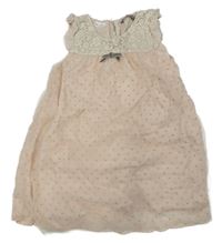 Světlerůžovo-zlaté puntíkaté tylové slavnostní šaty s mašlí a krajkou a volánky LINDEX