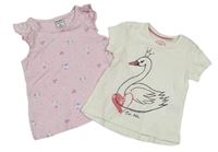 2set- Krémové tričko s labutí + Ružový kvetovaný top