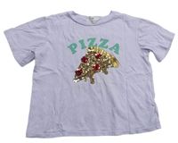 Lila crop tričko s pizzou s překlápěcími flitre H&M