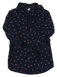 Tmavomodré košilové propínací šaty s třešněmi a páskem Okaidi