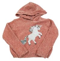 Staroružový žinylkový sveter s jednorožcem z překlápěcích flitrů a kapucňou Dopodopo