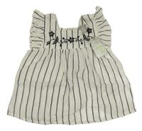 Nové - Bílo-černá pruhovaná halenka s výšivkami květů Primark