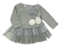 Šedá teplákovo/tylová tunika s mašlí s bambulemi