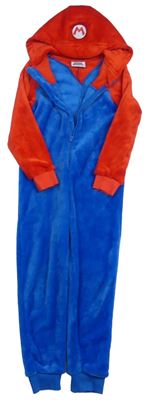 Modro-červená plyšová kombinéza s kapucí - Mario