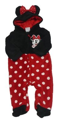 Černo-červená chlupatá puntíkatá kombinéza s Minnie a kapucí Disney