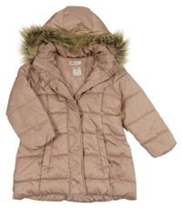 Světlerůžová šusťáková prošívaná zimní bunda s kapucí s kožešinou H&M