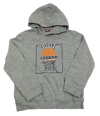 Sivá melírovaná mikina s potlačou a kapucňou