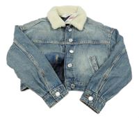 Nové - Modrá crop riflová zateplená bunda s huňatým límečkem H&M