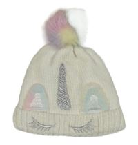Bílá žinylková čepice s jednorožcem a bambulí Name it