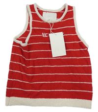 Nové - Červeno-smotanová pruhovaná pletená vesta s nápisom