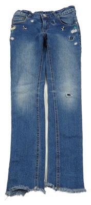 Modré skinny rifle s výšivkami motýlků 