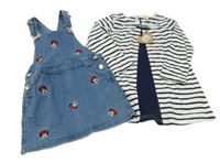 2x šaty - modré laclové riflové s Minnie + bílo-modré pruhované teplákové 