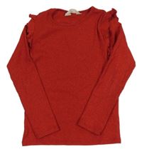 Červené trblietavé rebrované tričko s volánikmi H&M