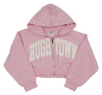 Svetloružová prepínaci crop mikina s nápisom a kapucňou ZARA