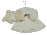 Nové - 2set - Bílé šaty s kožešinou a tylovou sukní a všitým body + bílá kožešinová crop cesta 