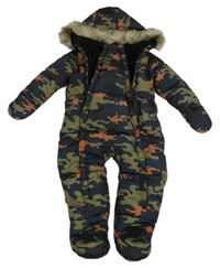 Tmavomodro-kaki-okrová army šušťáková zimná kombinéza s kapucňou s kožešinou Primark