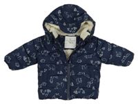 Tmavomodrá šušťáková zimná bunda so zvieratkami a kapucňou