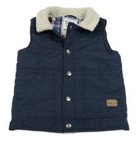 Tmavomodrá šusťákovo/manšestrová zateplená vesta s huňatým límečkem Matalan