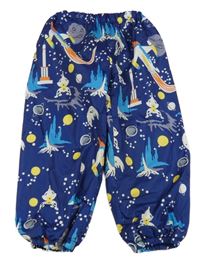 Tmavomodré šusťákové zateplené kalhoty s vesmírem 
