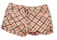 Bielo-sivo-neónově oranžové kockované plážové kraťasy