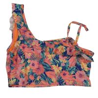 Tmavomodro-zeleno-růžová květovaná plavková lambáda s volánkem 