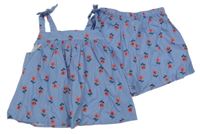 2set - Světlemodro-růžový květovaný top + plátěné kraťasy Shein