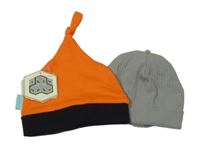Nové - 2set - 2x čepice - černo-oranžová + zelená žebrovaná 