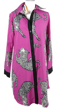 Nové - Dámske fuchsiové košeľové šaty s tigrami