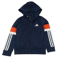 Tmavomodro-červeno-bílá sportovní propínací mikina s logem a kapucí Adidas