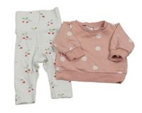 2set- růžová puntíkatá mikina+ bílé lehké tepláky s třešnemi H&M