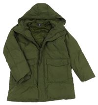 Khaki šušťákový zimný kabát s kapucňou Uniqlo