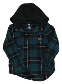 Černo-smaragdová kostkovaná flanelová košilová bunda s kapucí F&F