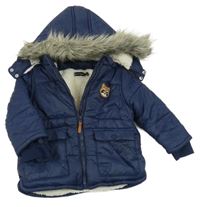 Tmavomodrá šusťáková zimní bunda s mývalem a kapucí 