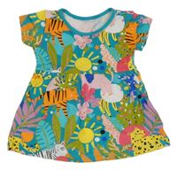 Tyrkysovo-farebná bavlnená šatová tunika so zvieratkami a rostlinami