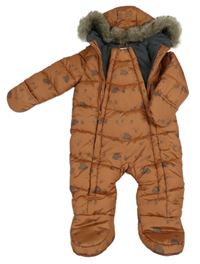 Cihlová prošívaná šusťáková zimní kombinéza s ježky a kapucí s kožešinou PRIMARK