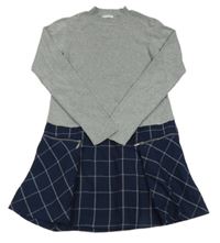 Šedo-tmavomodré svetrové vlněné šaty s kostkovanou sukní Okaidi