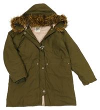 Khaki šušťáková zimná parka s kapucňou s kožešinou ZARA