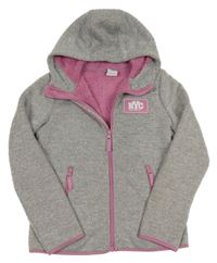 Šedo-růžová pletená melírovaná propínací zateplená mikina s výšivkou a kapucí Y.F.K.