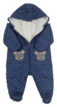 Tmavomodrá bodkovaná á šušťáková zimná kombinéza s myškami a kapucňou Bluezoo