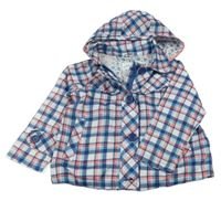 Modro-bílo-růžová kostkovaná šusťáková jarní bunda s kapucí 