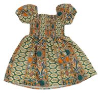 Zeleno-oranžové vzorované šaty so žabičkováním Shein