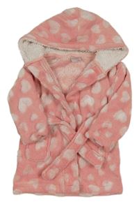 Světlerůžový chlupatý župan se srdíčky a kapucí 