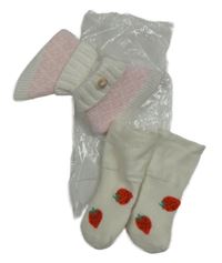 Nové - 2set - Bílé ponožky s jahůdkami + růžovo-bílé pletené capáčky 