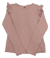Růžové žebrované triko s volánky H&M