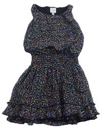 Čierno-farebné vzorované šifónové šaty s volánikom
