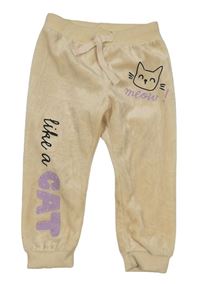 Pudrové plyšové kalhoty s kočičkou a nápisy so cute