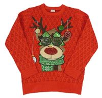 Červený svetr se sobem s překlápěcími flitry a stromečky F&F