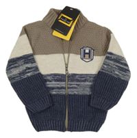 Nové tmavomodro-bielo-hnedošedé ý melírovaný rebrovaný pletený prepínaci sveter s nášivkou HASHTAG